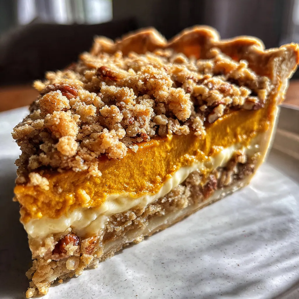 Golden pumpkin pie with pecan crumble fresh from the oven, the topping perfectly browned and nutty