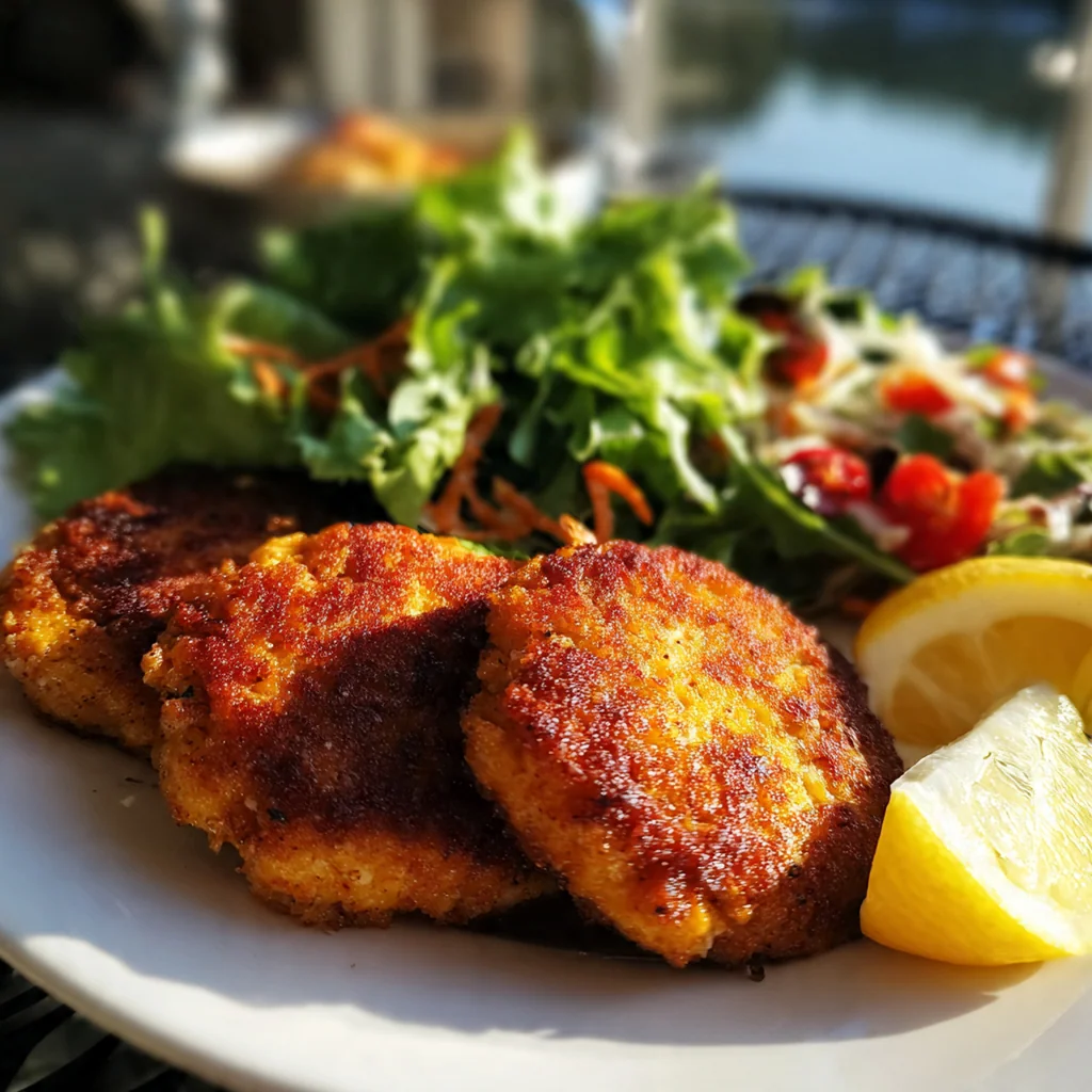 A cast-iron skillet filled with golden brown Southern fried salmon patties sizzling in oil
