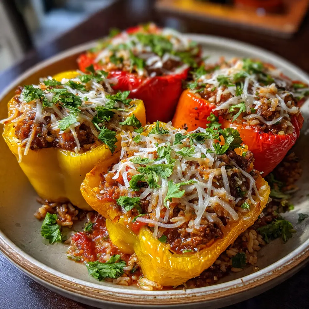 Colorful baked stuffed peppers overflowing with cheesy meat and rice filling in a pan of tomato sauce