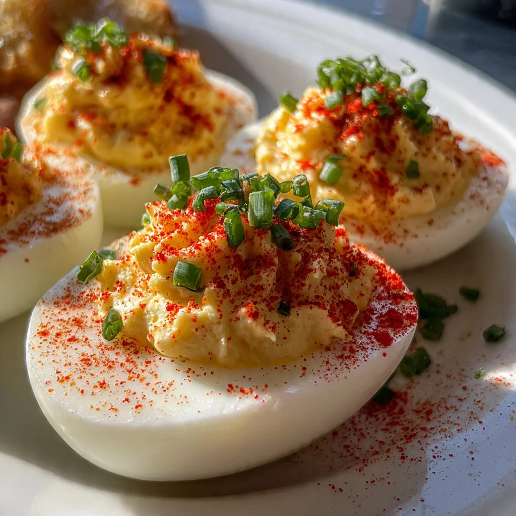 A beautiful white platter filled with creamy deviled eggs garnished with smoked paprika and fresh chives.