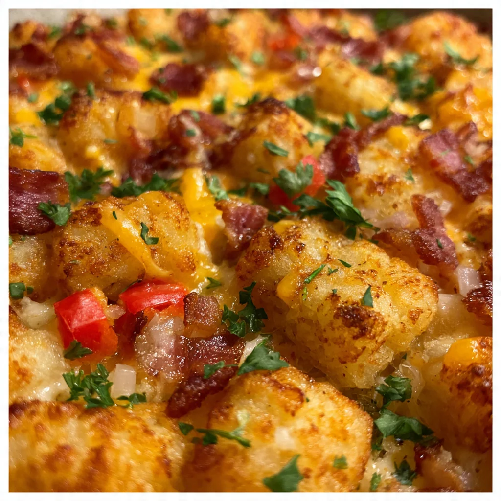 Golden brown tater tot breakfast casserole fresh from the oven with melted cheese bubbling over