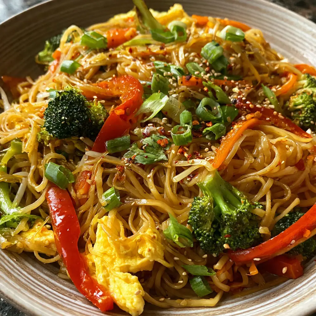 A heaping skillet of viral cafeteria noodles with ground beef and colorful vegetables.