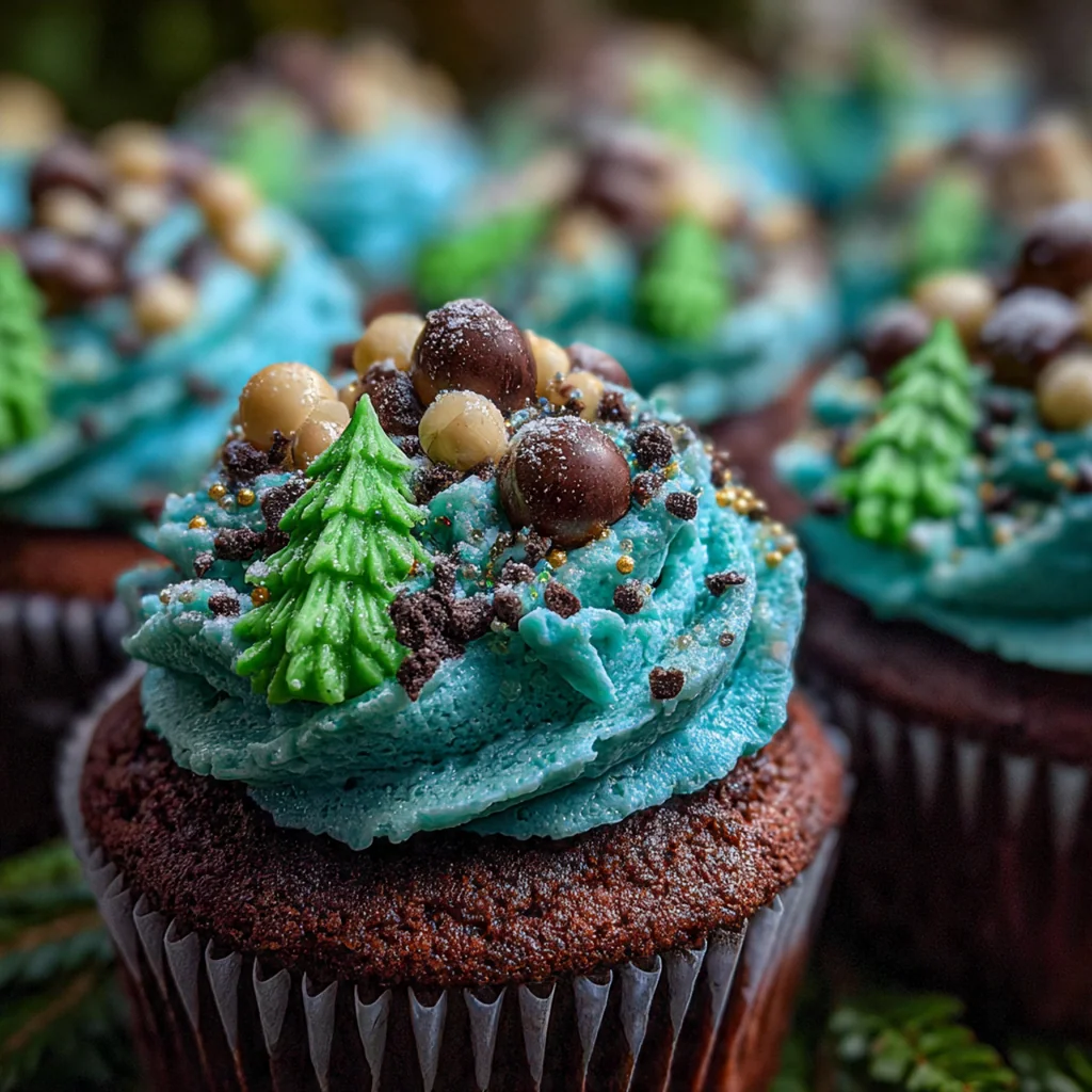 A platter of Christmas Tree Cupcakes arranged with holiday decorations and a cup of cocoa