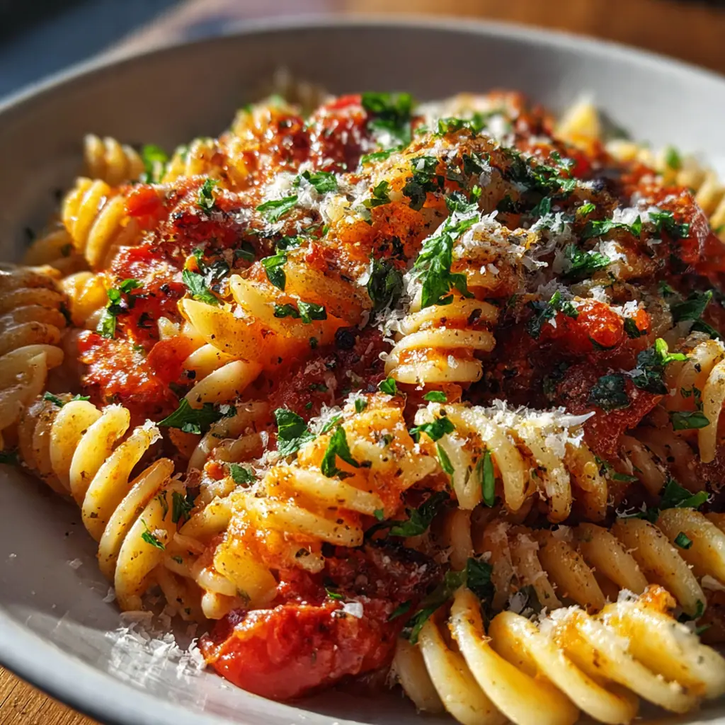 Finished plate of penne pasta with rich red sauce, grated Parmesan, and a drizzle of olive oil