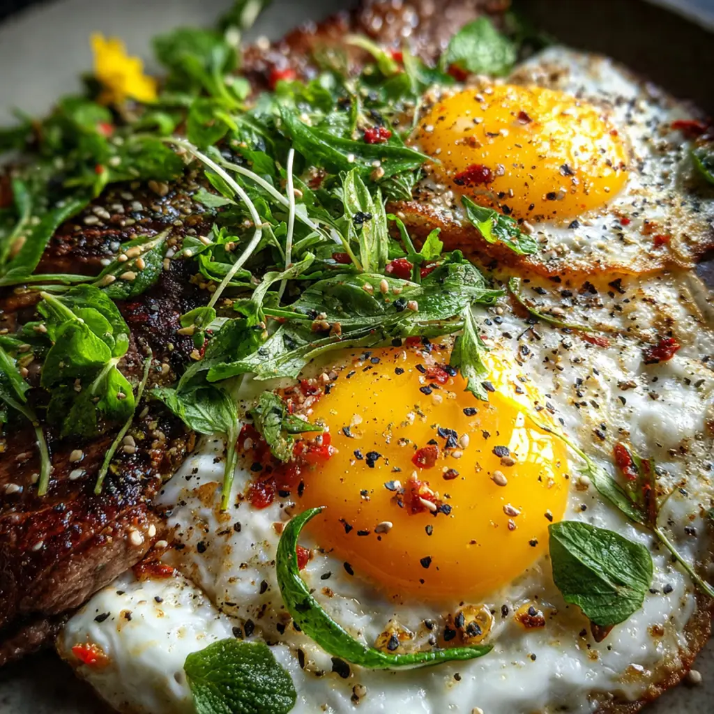 Close-up of a perfectly fried egg with runny yolk over sliced steak and home-style potatoes