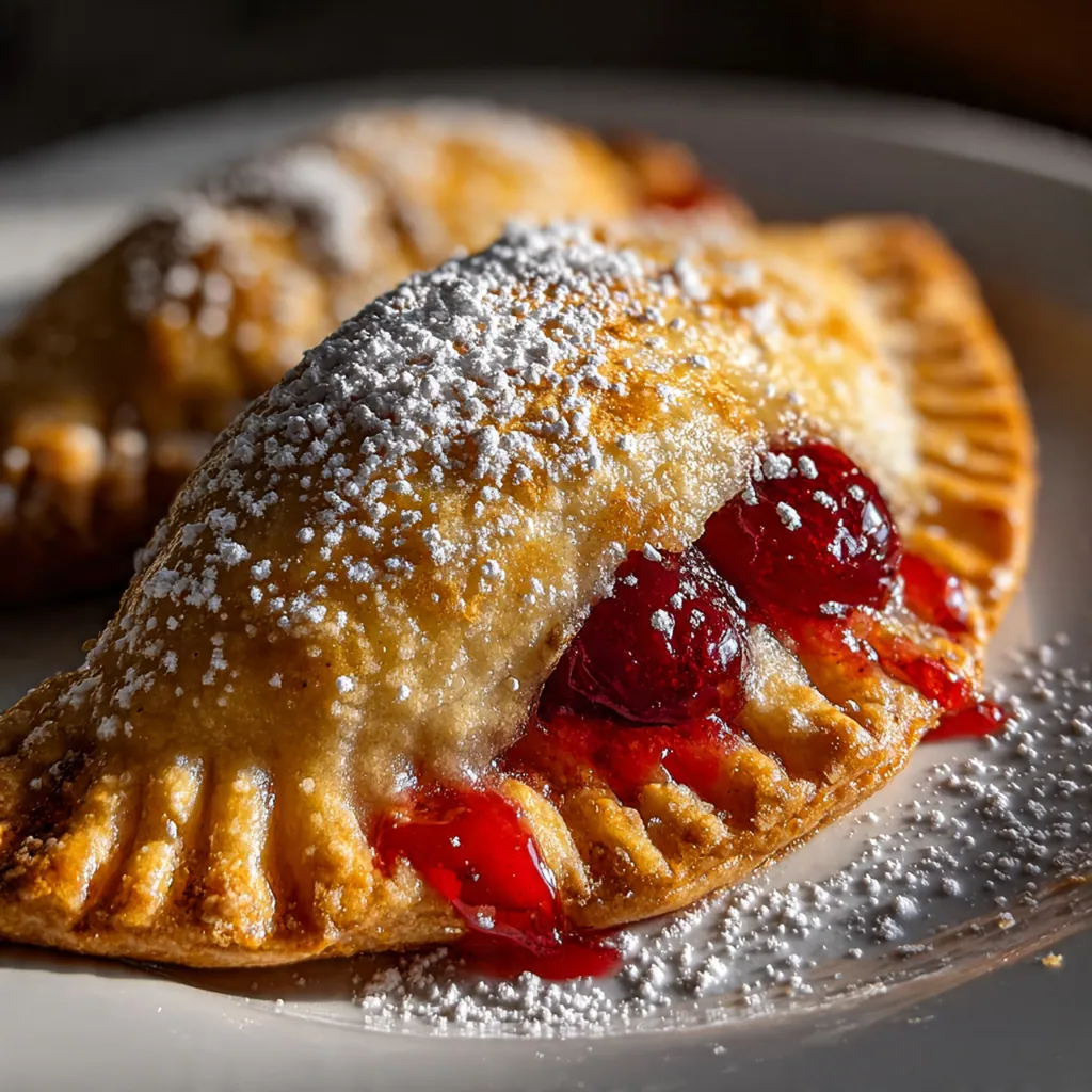 A close-up of a cherry hand pie broken open to show the glossy, deep red filling