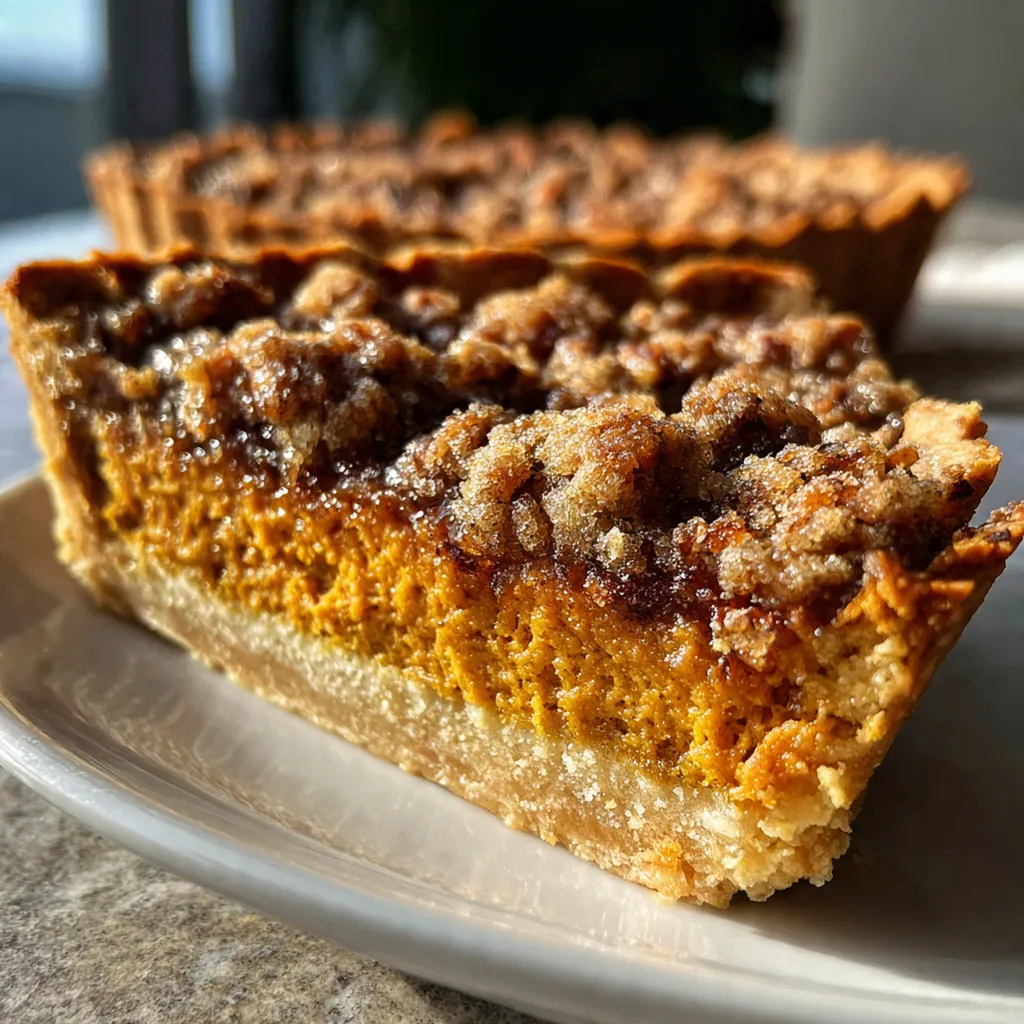 Whole pumpkin pie with pecan crumble on a rustic table, garnished with pecan halves and a dollop of whipped cream