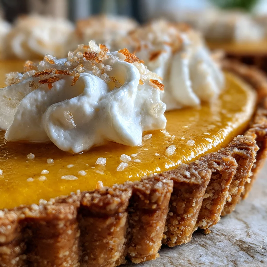 Autumn dessert table featuring the whole pumpkin pie tart surrounded by fall leaves and a cup of coffee
