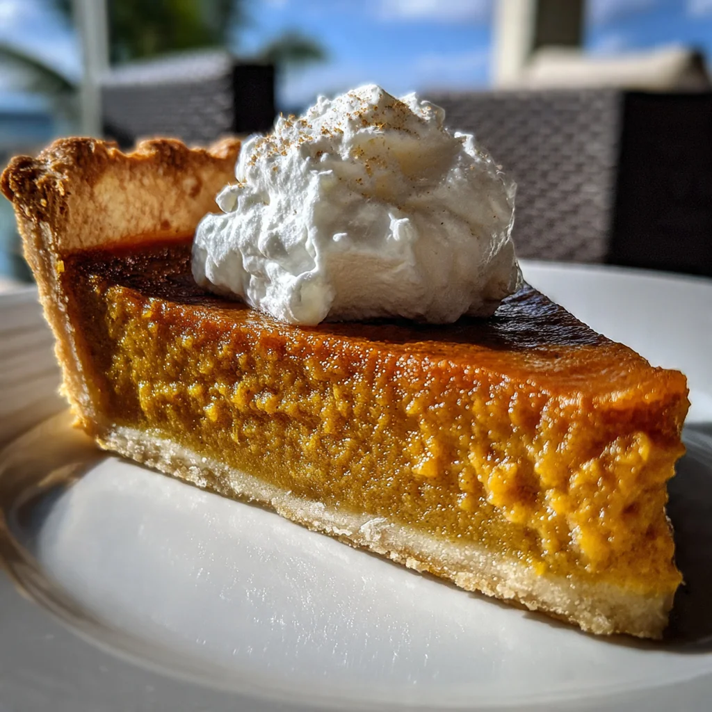 Close-up slice of pumpkin pie showing the creamy custard texture, topped with a swirl of whipped cream