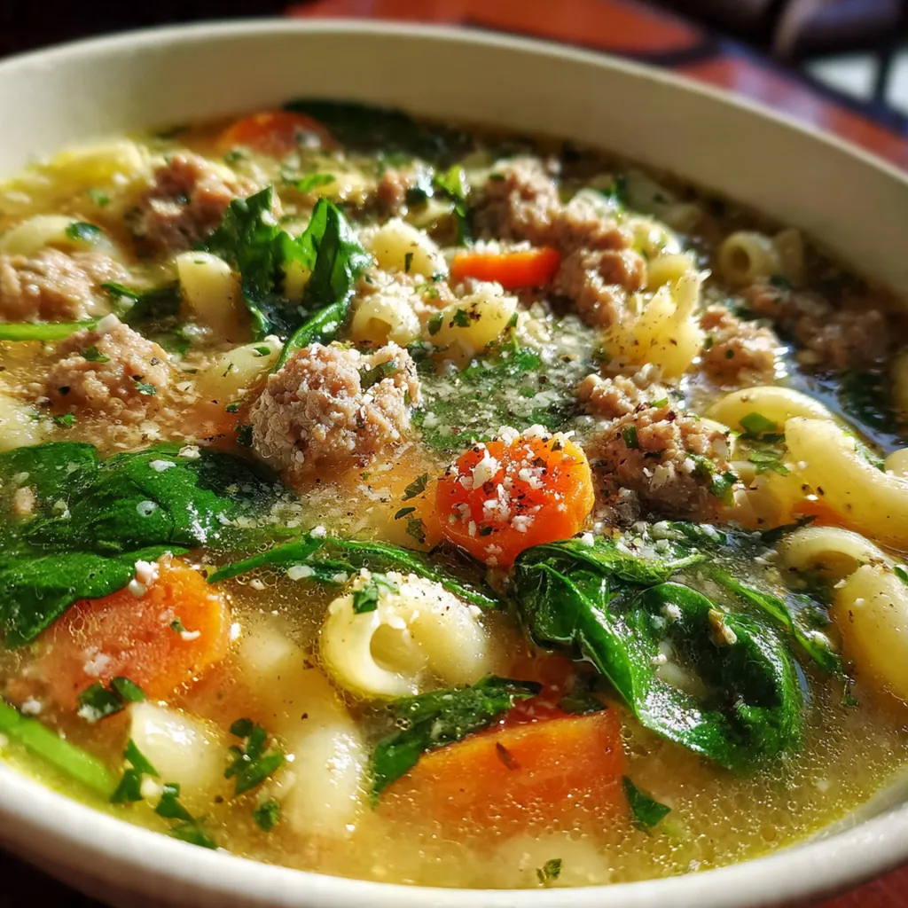 Close-up of homemade meatballs and acini di pepe pasta swimming in a savory, aromatic broth