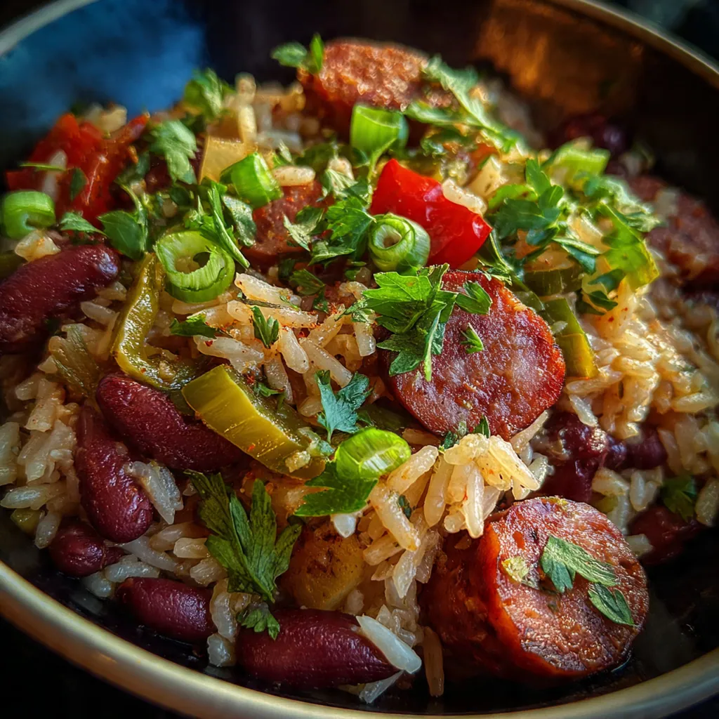 Close-up of a wooden spoon scooping up tender red beans and smoky andouille sausage