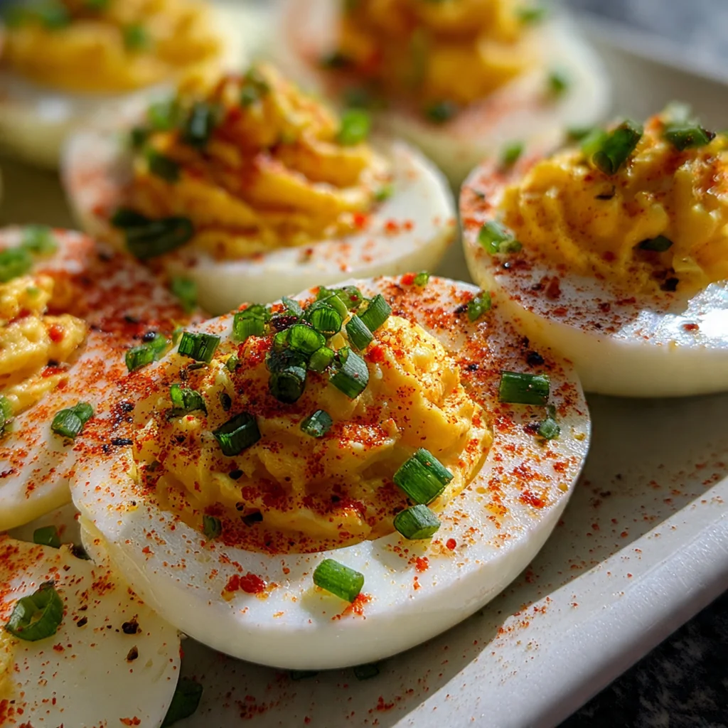 A close-up of a single perfect devilled egg, showing its creamy, piped yolk filling.