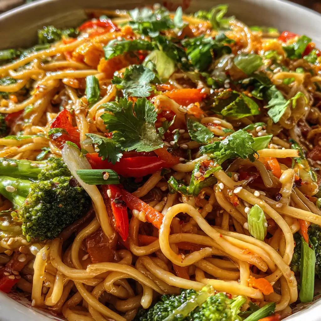Close-up view of savory noodles and crisp veggies coated in glossy sauce.