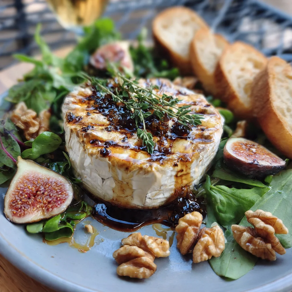 Close-up of a spoon breaking into the gooey baked Brie with walnuts and thyme visible
