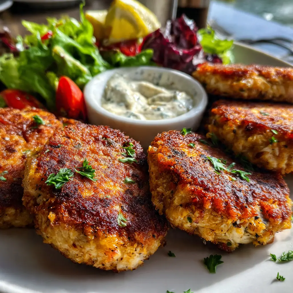 A complete Southern meal with fried salmon patties, creamy coleslaw, and a lemon wedge for squeezing
