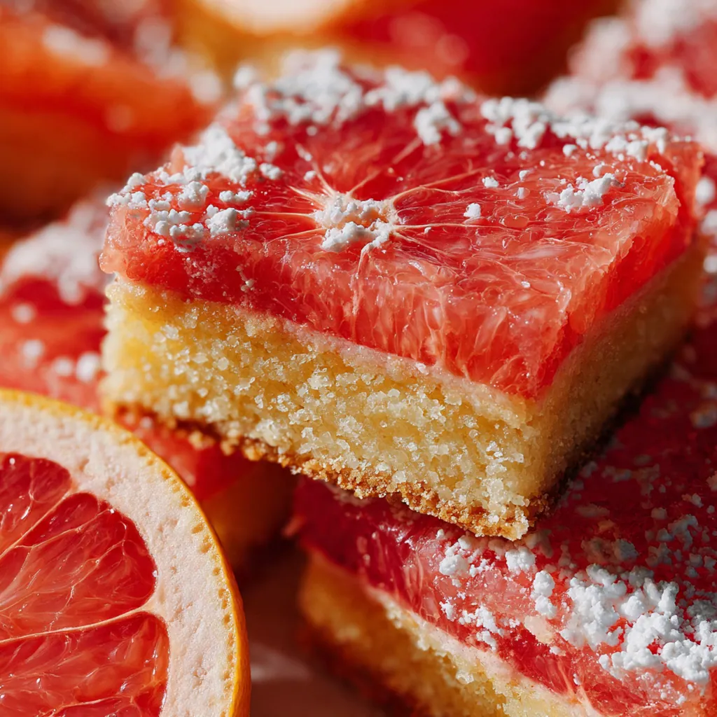 A full pan of pink grapefruit bars with a mint garnish, ready to be sliced and served