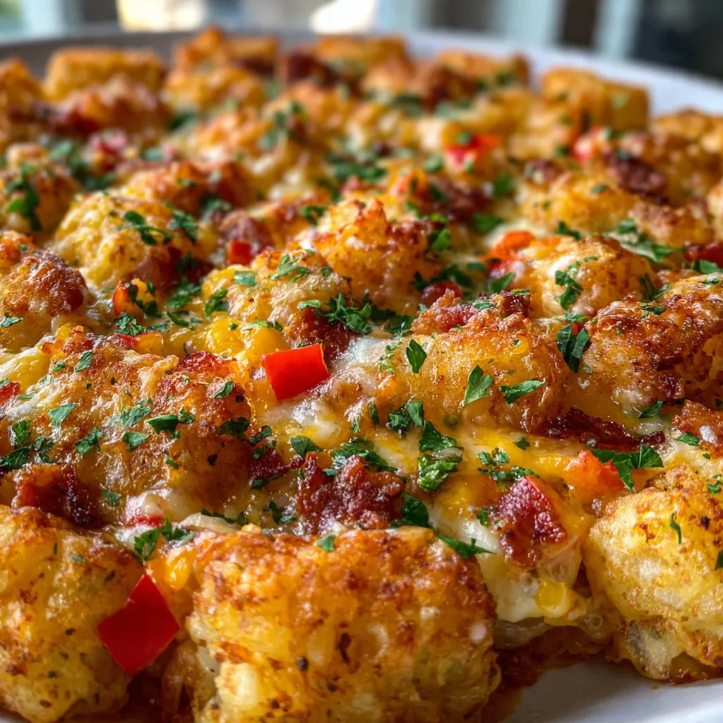 Close-up of a serving showing fluffy eggs, savory sausage, and crispy tater tots