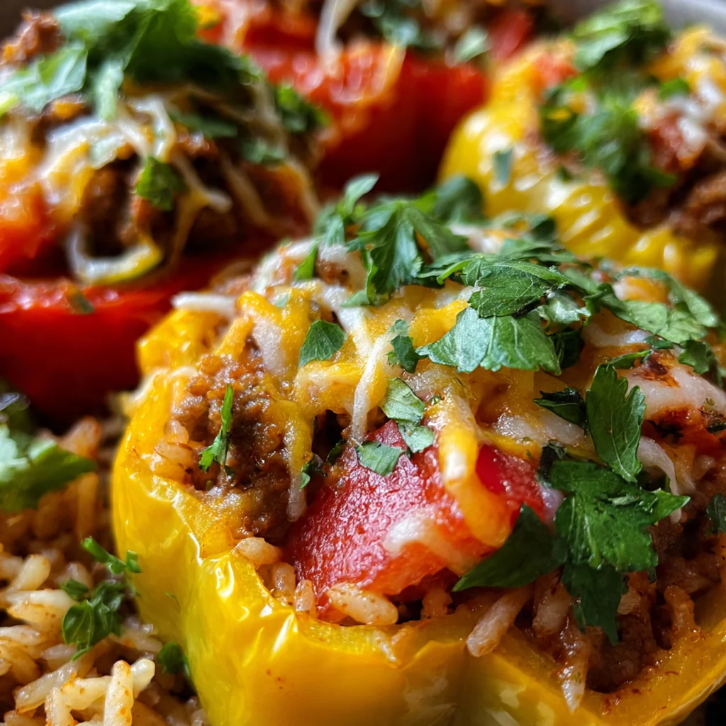Close-up of a single cheesy stuffed pepper with melted mozzarella and fresh herbs on top