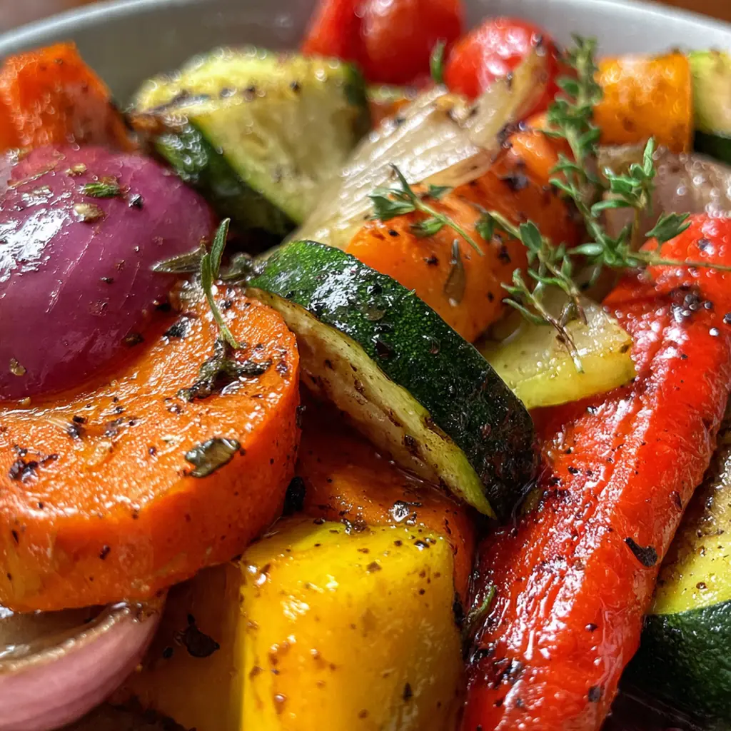 Close-up of tender, caramelized roast vegetables including zucchini, eggplant, and potatoes with fresh herbs scattered on top