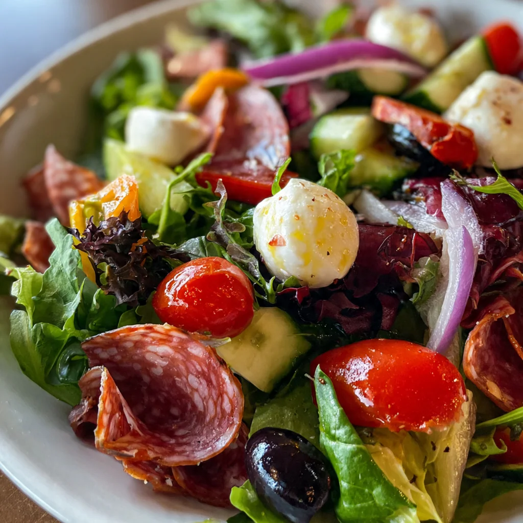 Close-up of a fork twirling crisp romaine lettuce, prosciutto, and an artichoke heart coated in glossy red wine vinaigrette
