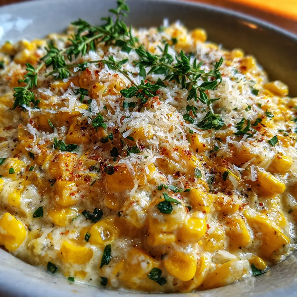Close-up of a spoon dipping into Marian's Creamed Corn showing the rich, creamy sauce and sweet kernels