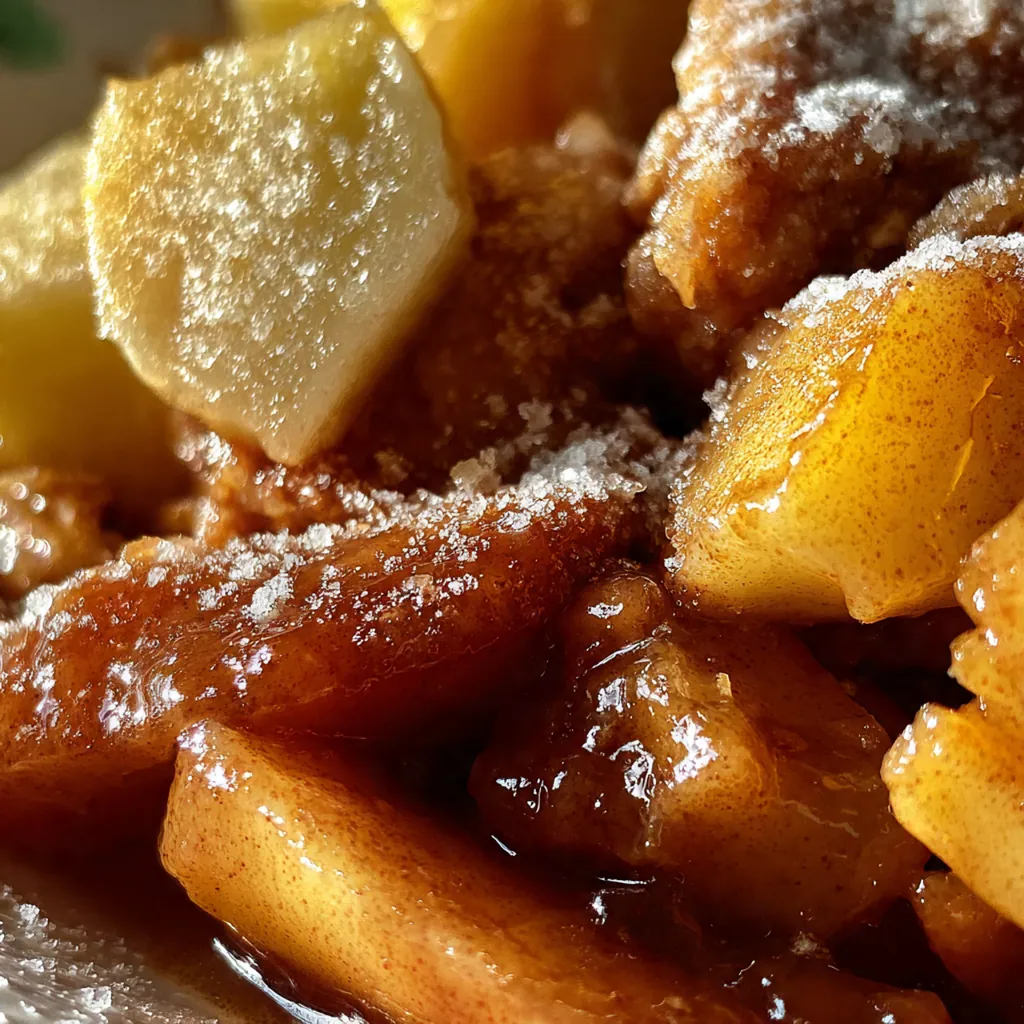 Close-up of a bowl filled with warm apple pie filling, steam rising and cinnamon sticks nearby
