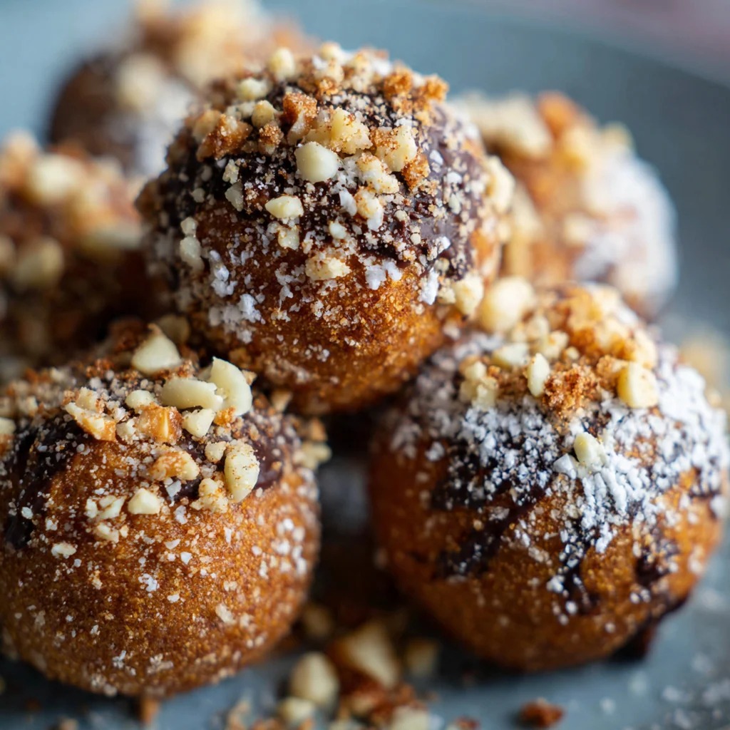 A single frozen gingerbread truffle being dipped into a bowl of smooth, melted white chocolate.