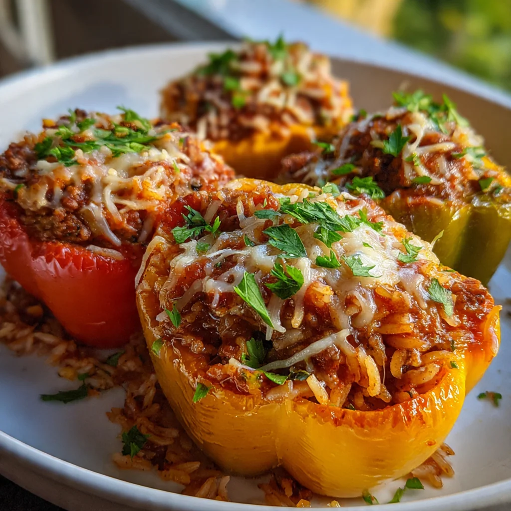 A hearty dinner plate featuring a stuffed pepper served with a fresh green salad and garlic bread