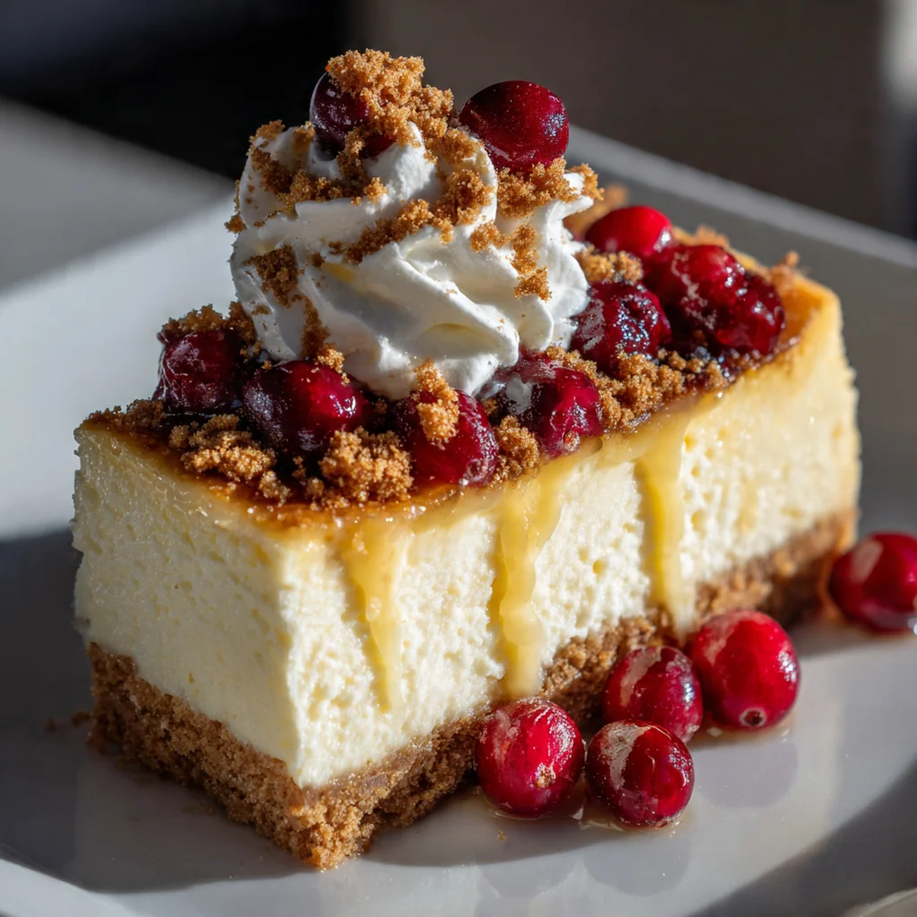 Whole Christmas cheesecake decorated with whipped cream rosettes and crushed peppermint on a holiday table