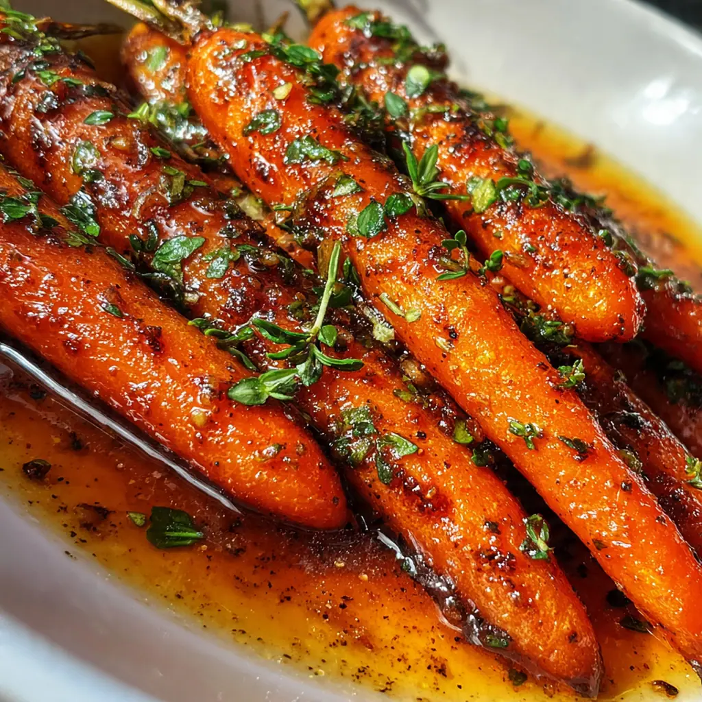 Close-up of a fork lifting perfectly tender glazed carrots coated in the shiny bourbon sauce