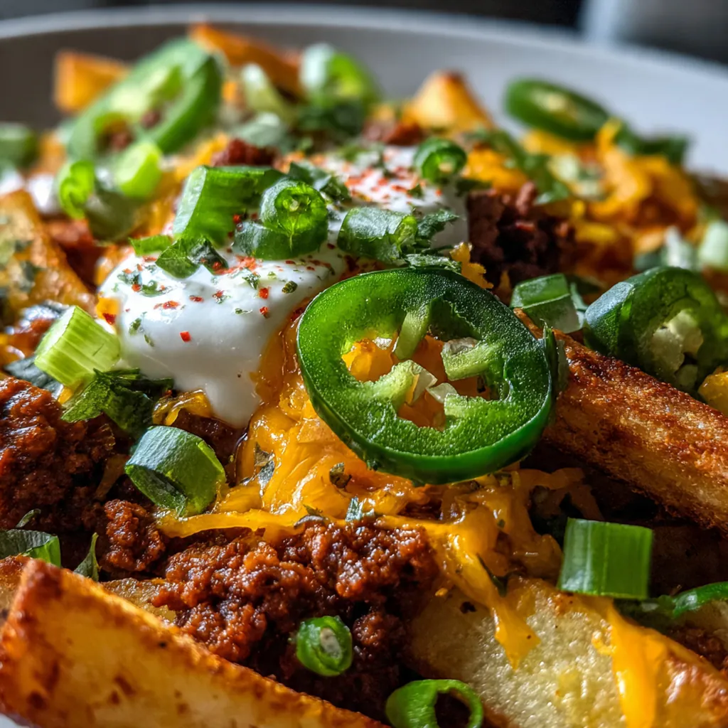 An overhead shot of a cast iron skillet filled with golden fries completely covered in rich chili and bubbling cheddar cheese