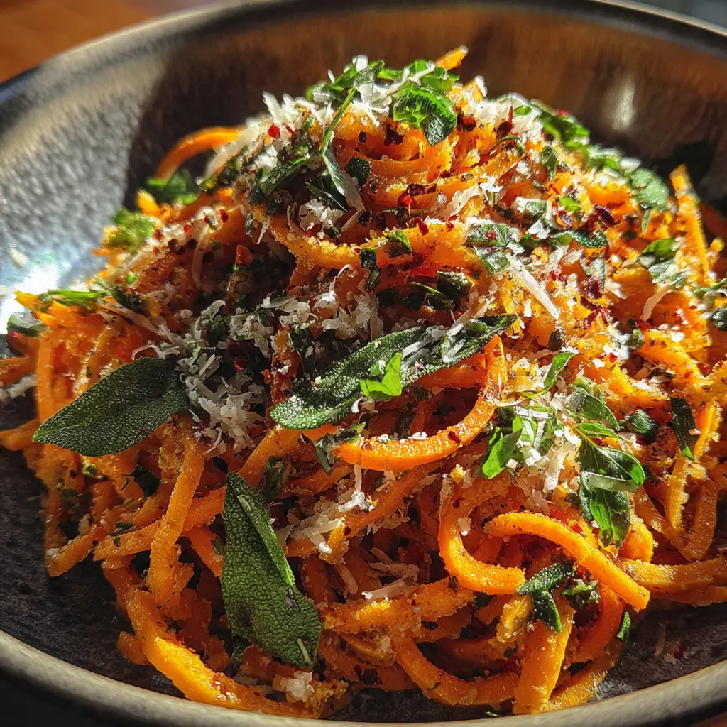 Close-up of a fork twirling golden sweet potato noodles with visible flecks of fried sage and minced garlic