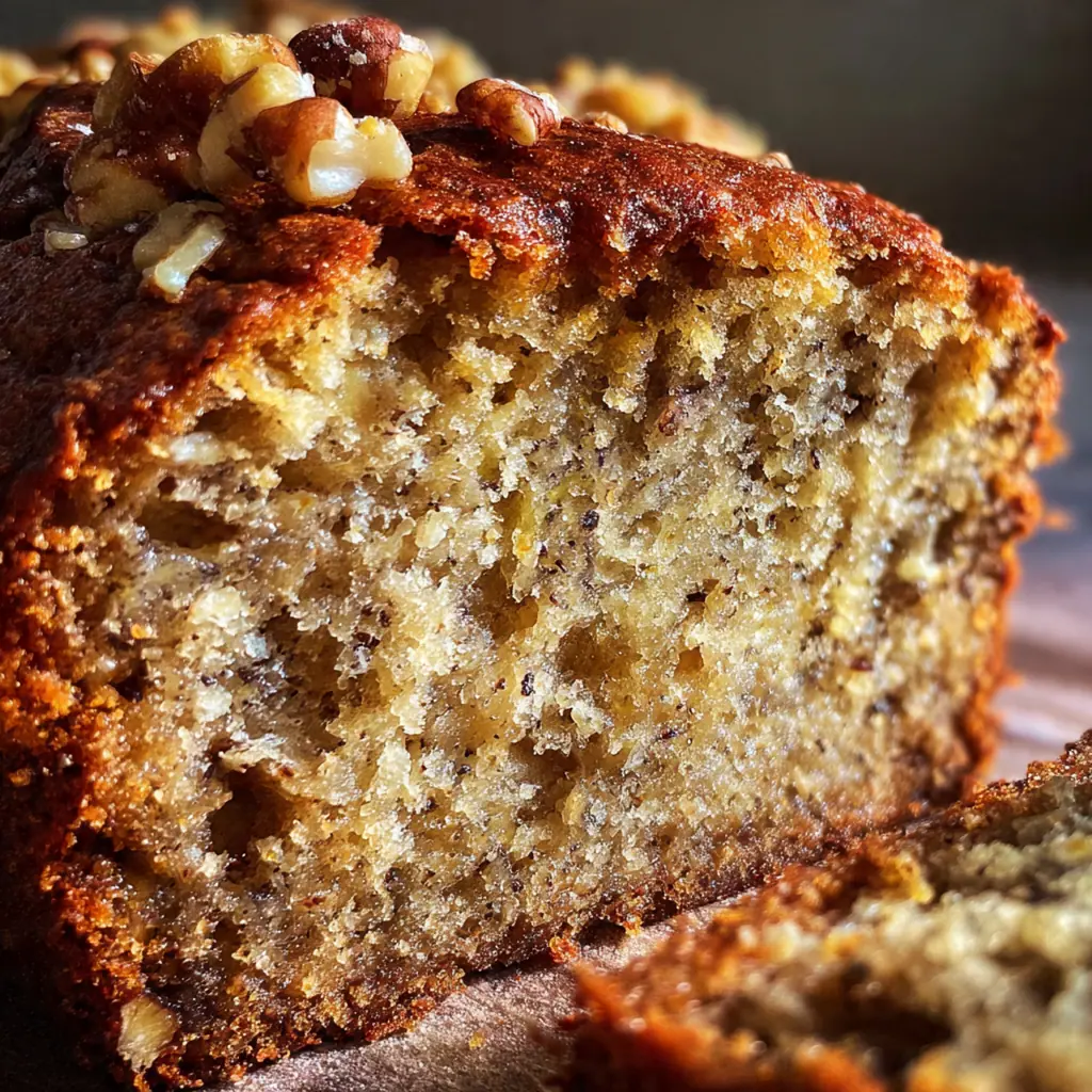 Close-up of a moist slice of banana bread studded with walnuts and a pat of melting butter.