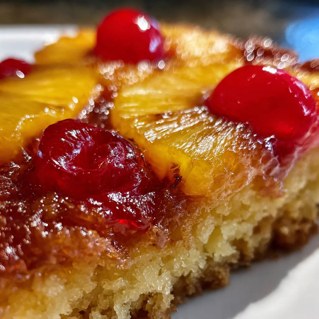 Close-up slice of moist vanilla cake with caramelized pineapple topping and a cherry center