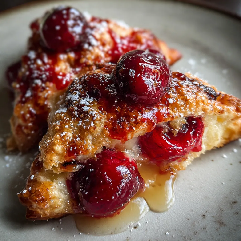 A rustic table setting with a stack of homemade cherry hand pies next to a scoop of vanilla ice cream