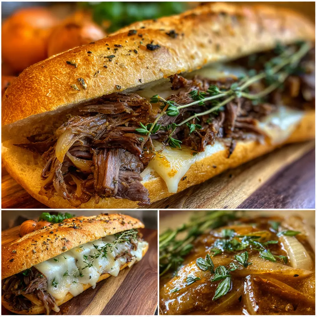 A plated French dip sandwich with a side of crispy fries and fresh parsley garnish