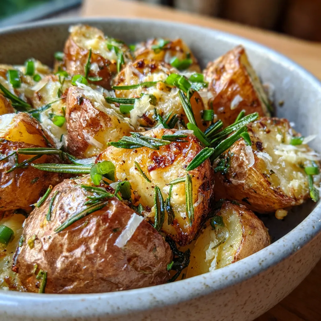 Close-up of layered Russet potato slices in a rich cream sauce with melted Gruyere