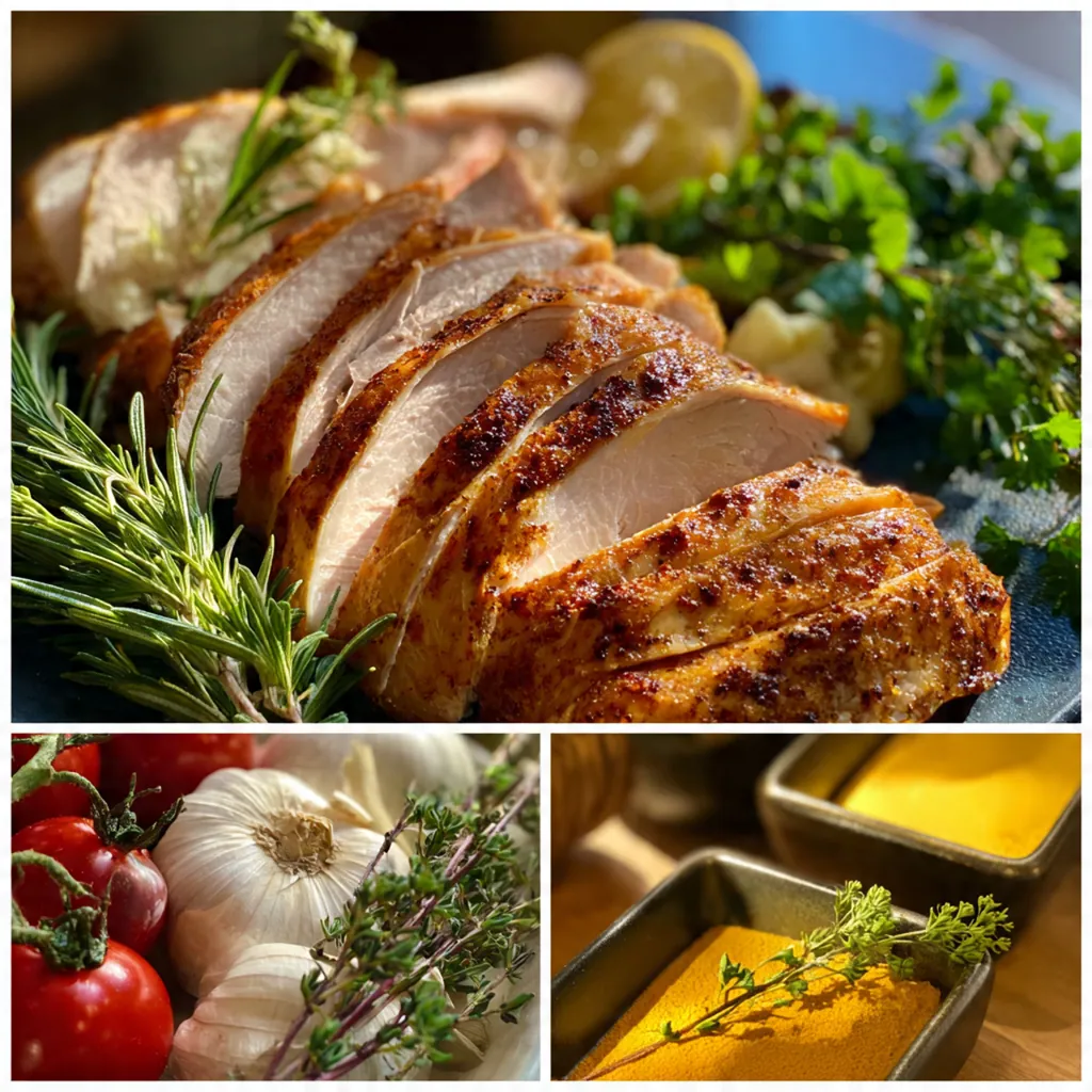 Close-up of the turkey's crisp, spice-rubbed skin glistening with smoke-kissed juices
