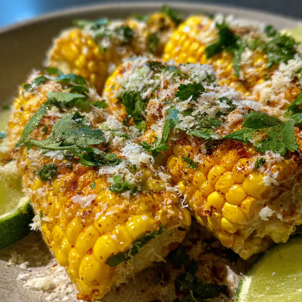 Close-up of a hand holding a vibrant elote with chili powder and cilantro sprinkles