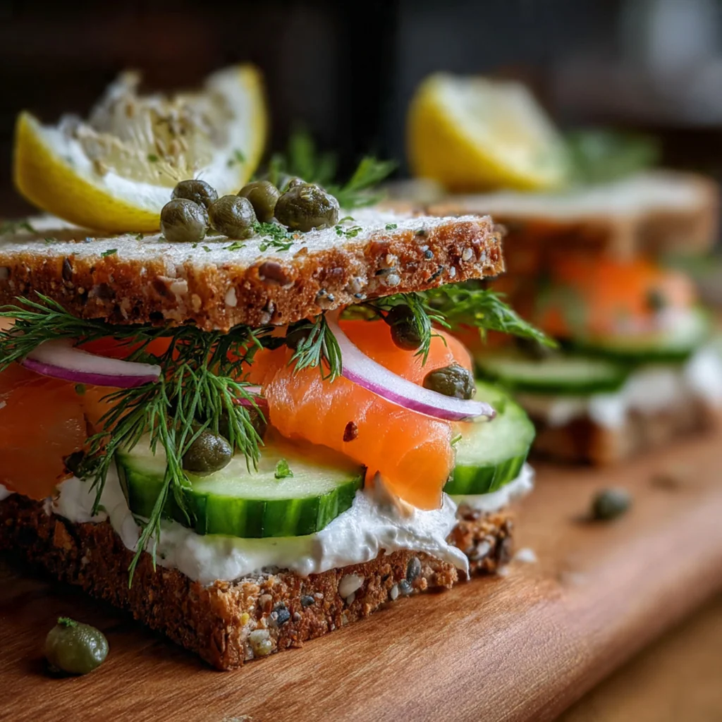 Close-up of a delicate tea sandwich finger showing thin cucumber slices and herbed cream cheese on soft white bread