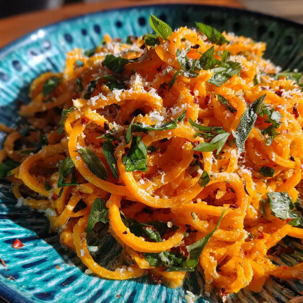 A beautiful serving platter of sweet potato noodles garnished with Parmesan cheese, walnuts, and fresh parsley