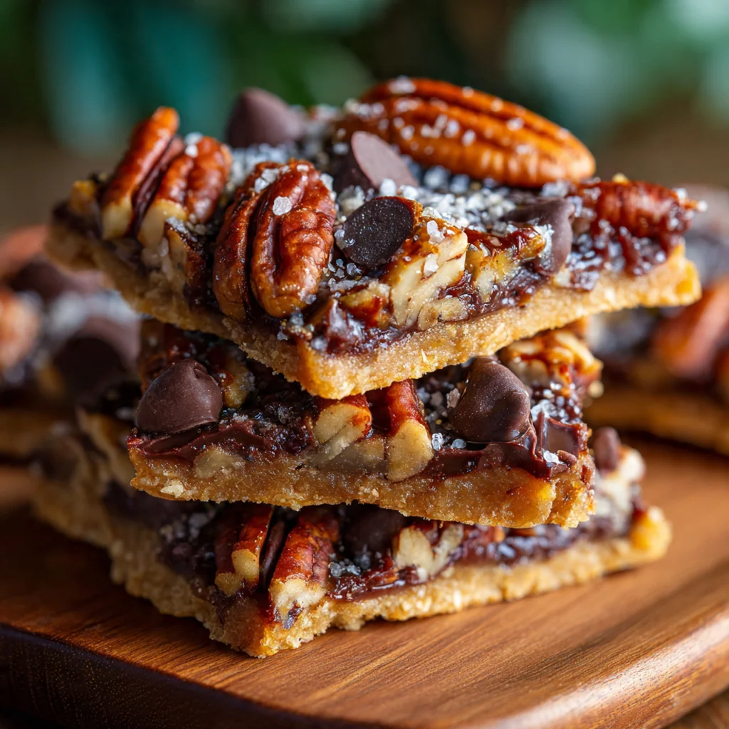 Pecan pie bark drizzled with white chocolate and sprinkled with flaky sea salt