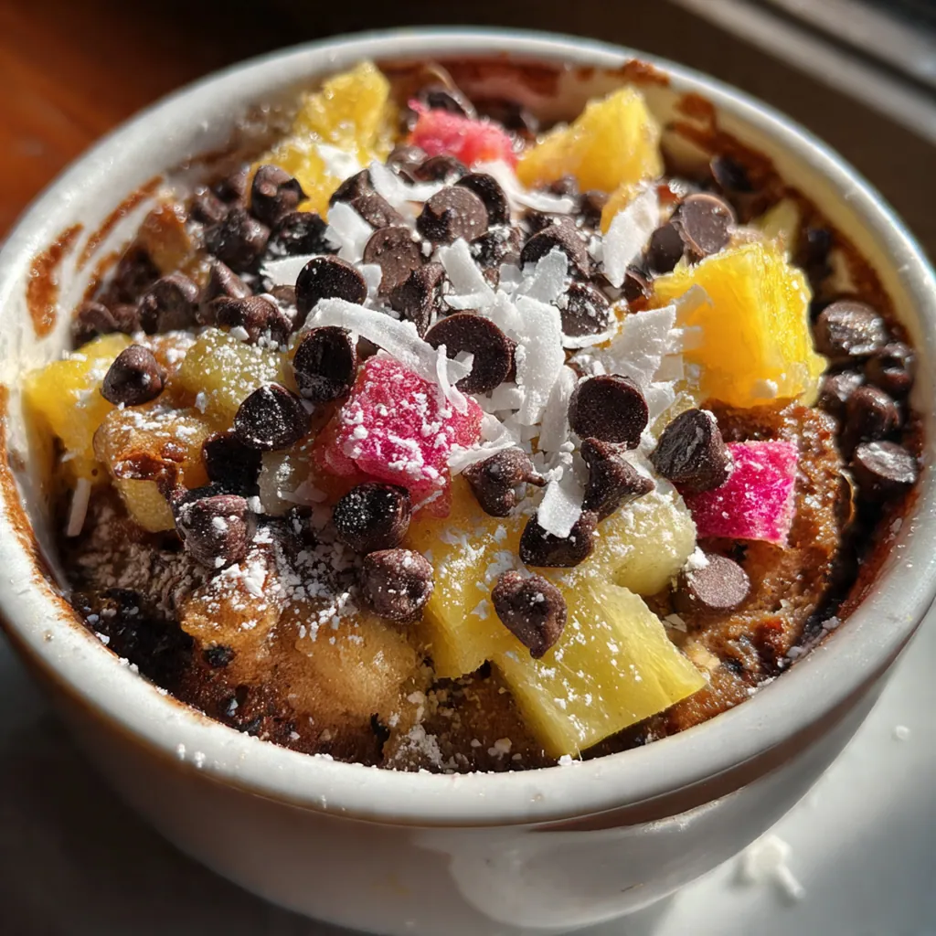 All the ingredients for a chocolate mug cake laid out around a simple white mug