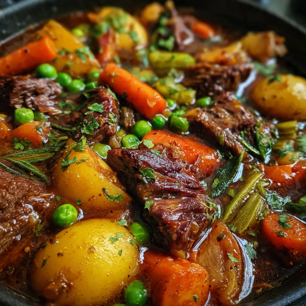 Steam rises from a deep bowl of beef casserole served over a cloud of creamy mashed potatoes with a parsley garnish