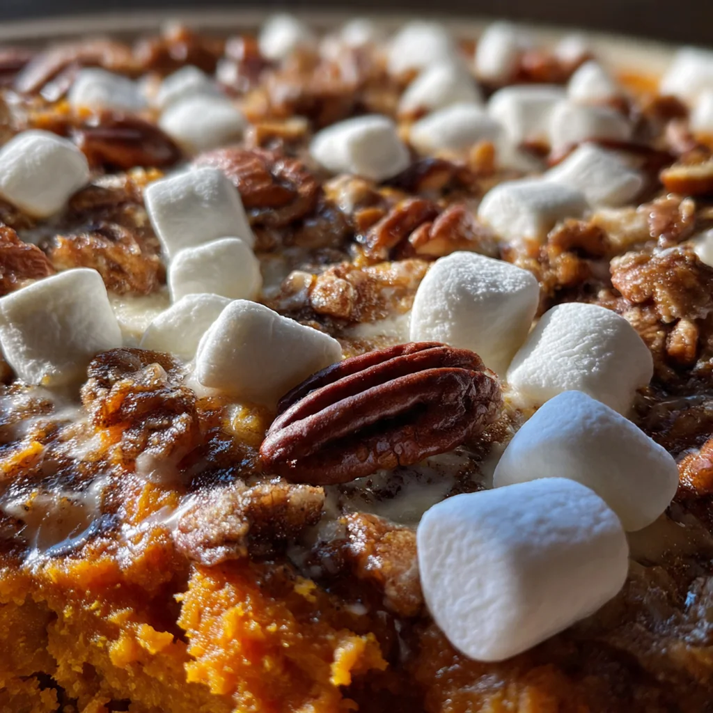 Close-up of a serving spoon slicing through creamy sweet potato filling and crunchy pecan crumble