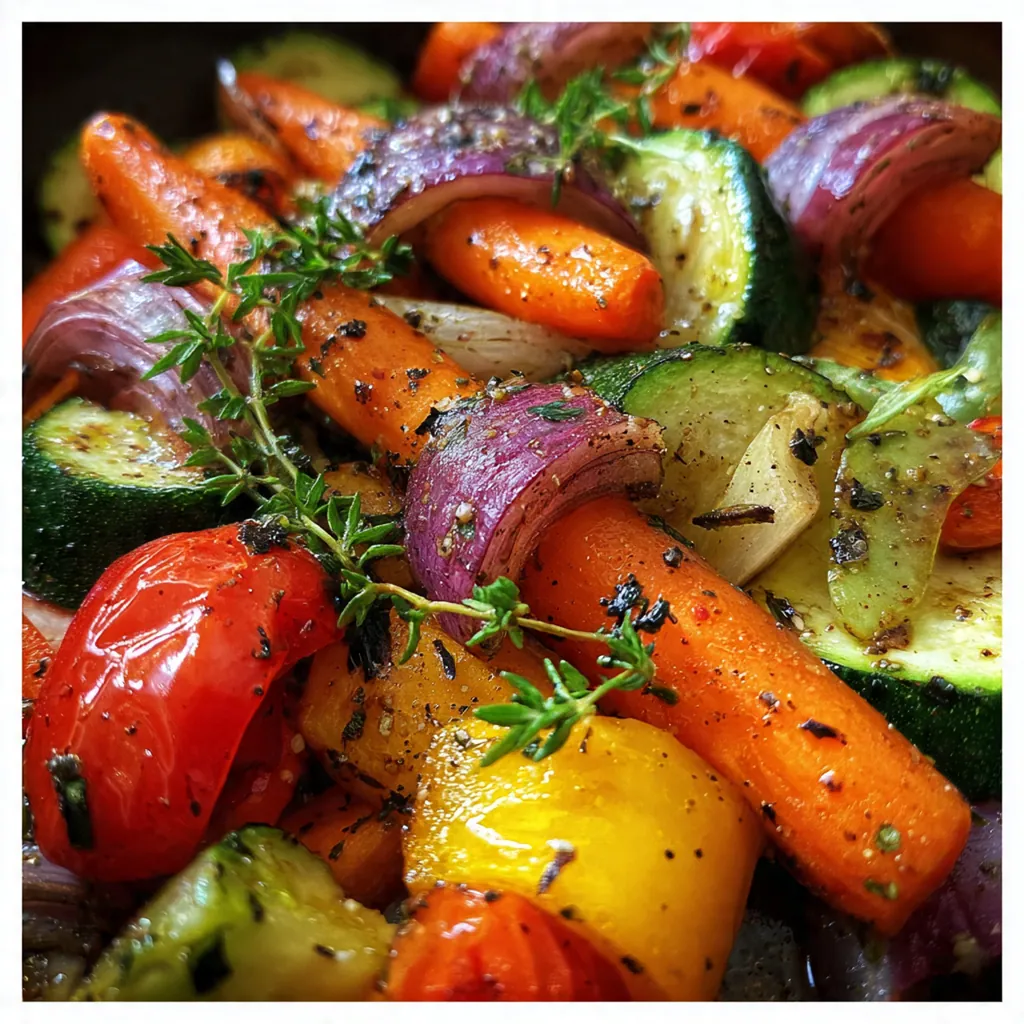 A beautiful plated serving of roasted vegetables alongside grilled chicken and a lemon wedge for a complete Mediterranean meal