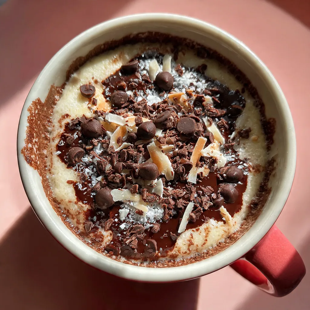 Close-up of a spoon digging into a moist chocolate mug cake with melty chocolate chips