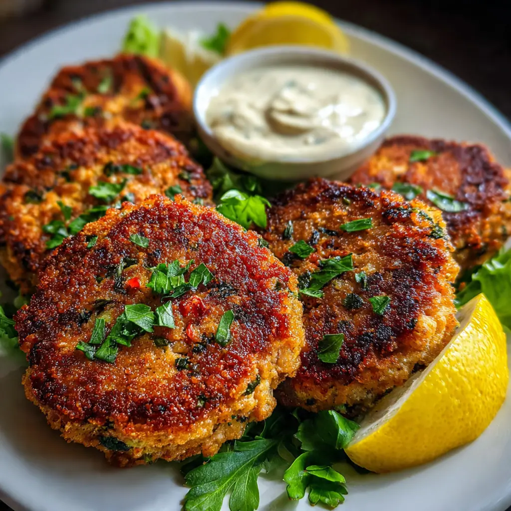 Close-up of a crispy salmon patty broken open to show the tender, flaky interior on a plate with lemon