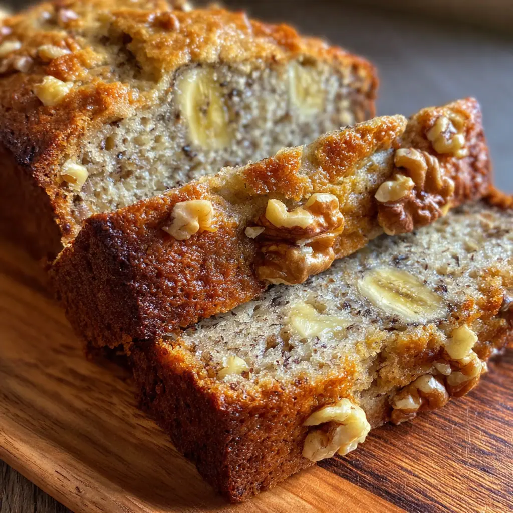 A whole banana bread loaf sliced and arranged on a wooden cutting board next to a cup of coffee.