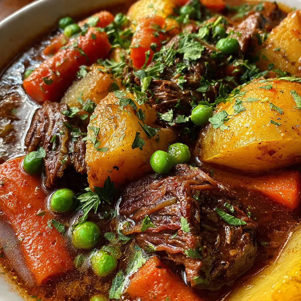 Overhead shot of the cooking process showing browned beef, chopped vegetables, and a bottle of red wine next to the pot